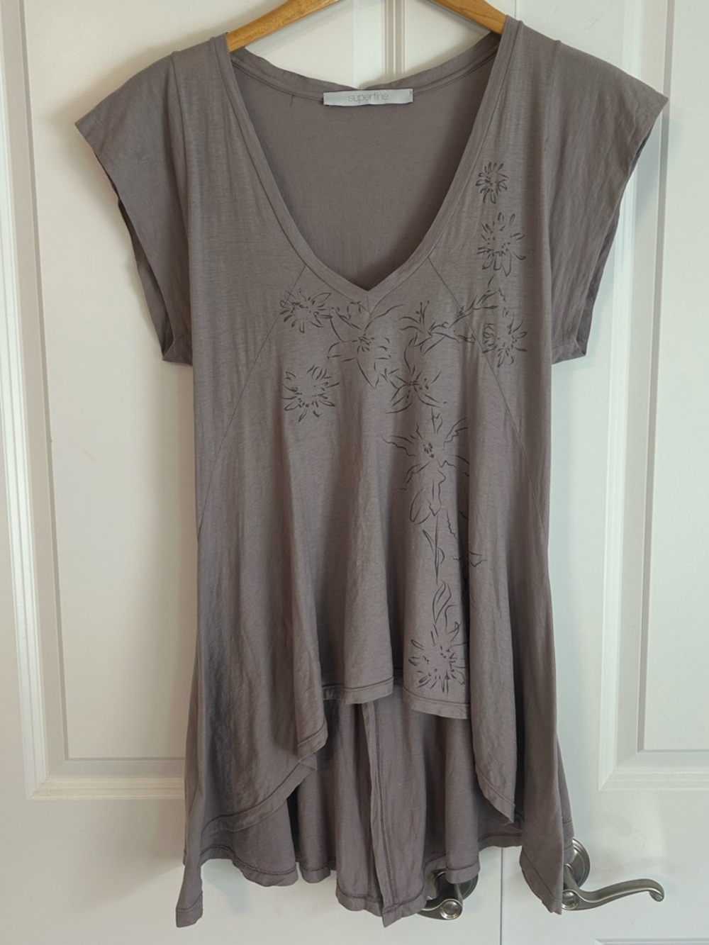 Superfine tunic length tee dusty purple with floral embroidery festival bohemian